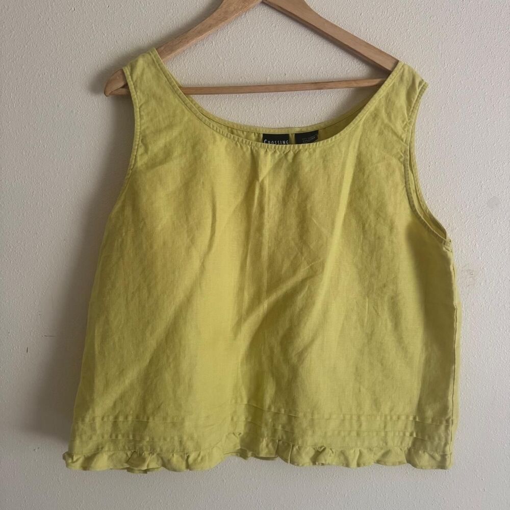 Vintage Yellow Linen Ruffle Hem Tank Top Blouse Size 2X